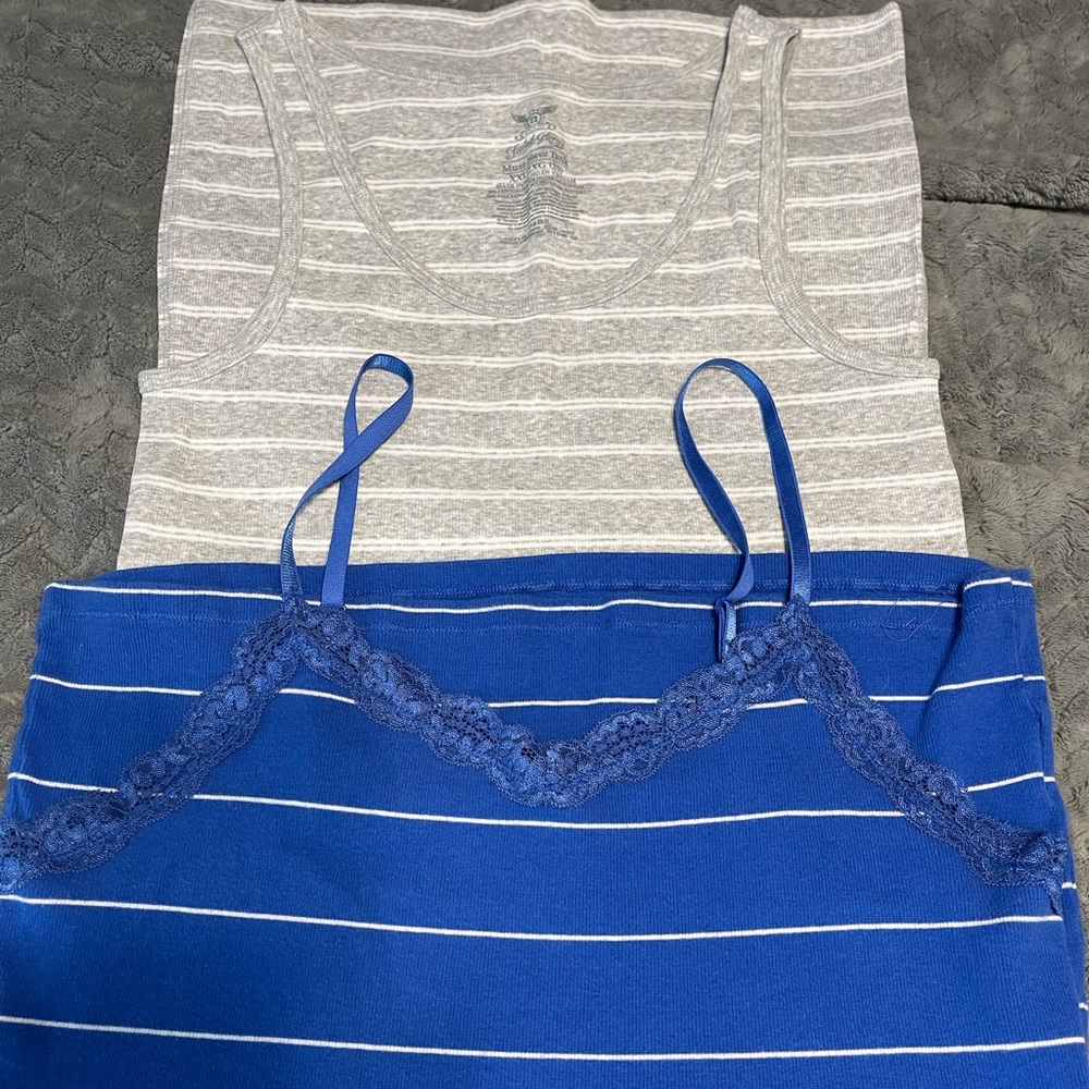 (2) Faded Glory Tank Tops. Grey & Wht Stripes, Blue & White Stripes with Lace.